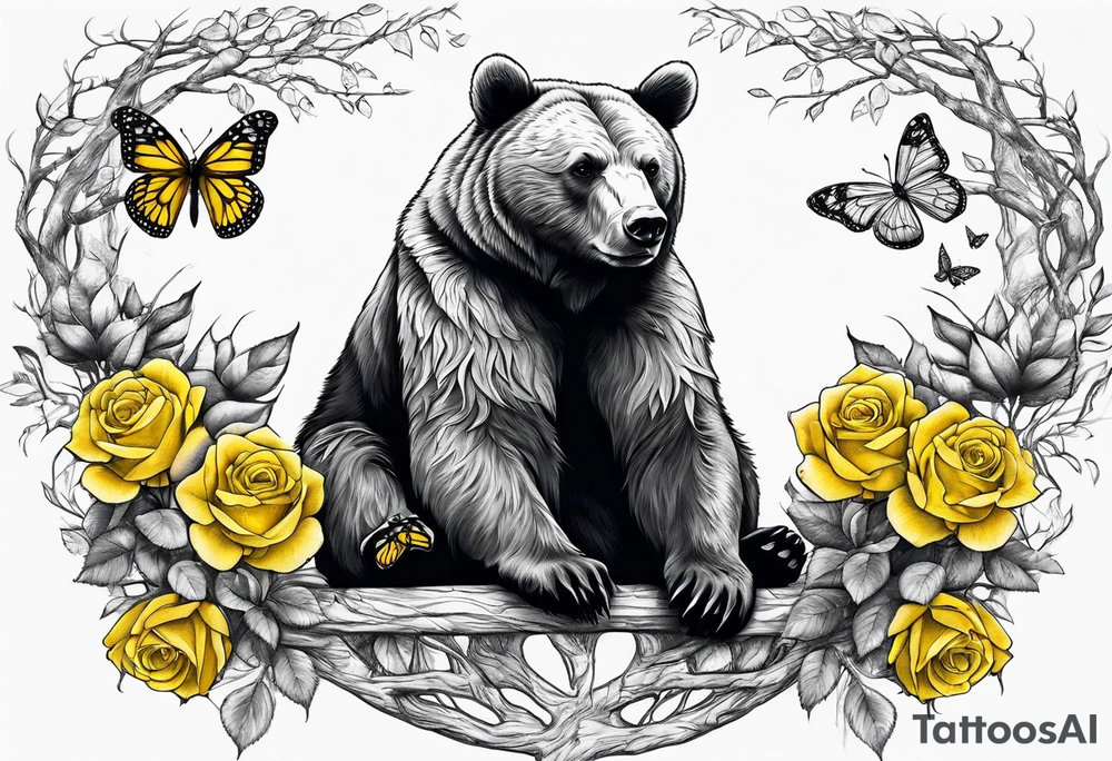 A bear sitting under the tree of life with three yellow roses, and three butterflies tattoo idea