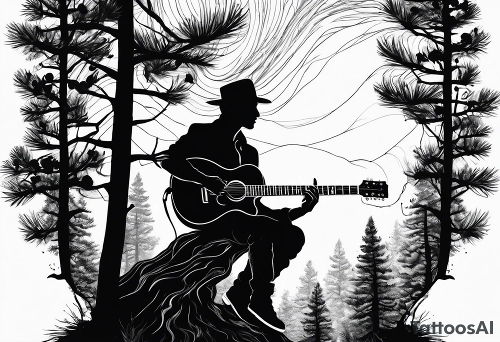 silhouette of a man sitting in a pine tree playing electric guitar tattoo idea
