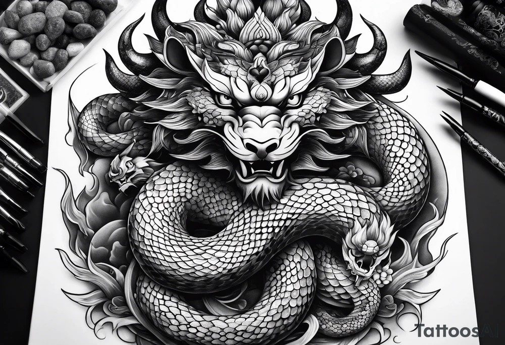 Japanese-style tattoo with snake demons tattoo idea