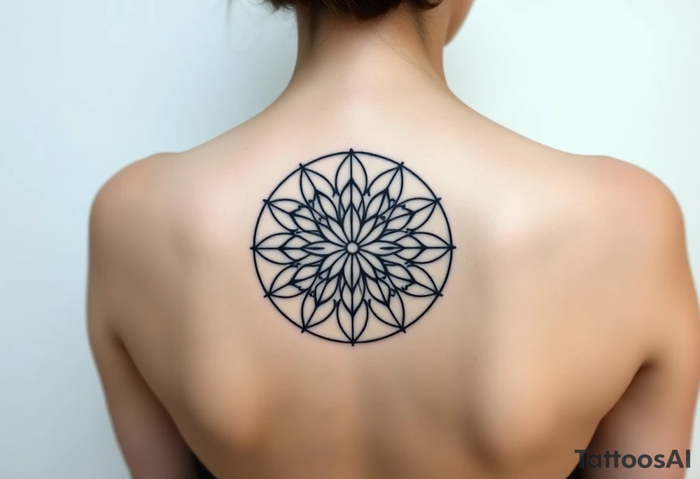A symmetrical Flower of Life with hexagonal crystal details in round cyrcle, enhancing its sacred geometric nature. tattoo idea