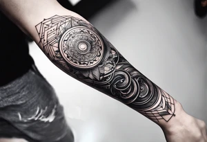 A forearm tattoo about electronic music mixed with the water of the ocean, focus on geometric patterns, abstract tattoo idea