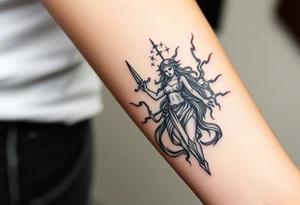 Greek goddess warrior with long dagger and realistic lighting bolts going around body Greek mythology style with dark shading and designs all around tattoo idea