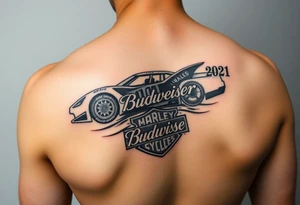 An arm tattoo with the original Dale Earnhardt car on it with the year 1958 to 2021 intertwined with a Harley-Davidson with a Budweiser logo on it tattoo idea