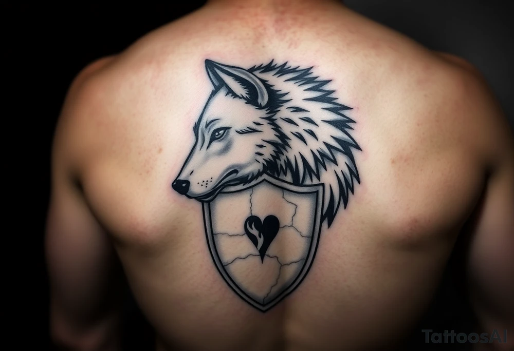 A powerful, masculine tattoo of a lone wolf’s head in profile, fierce but calm, with a subtle glint of sadness in its eye. Behind the wolf is a cracked and battle-worn shield symbolizing struggles and anxiety. On the shield is a small, subtle heart or flame engraving representing hidden love and passion. The design features sharp, detailed linework emphasizing fur texture and shield cracks. Style is bold blackwork with minimal shading, focusing on strength, resilience, and quiet emotion. tattoo idea