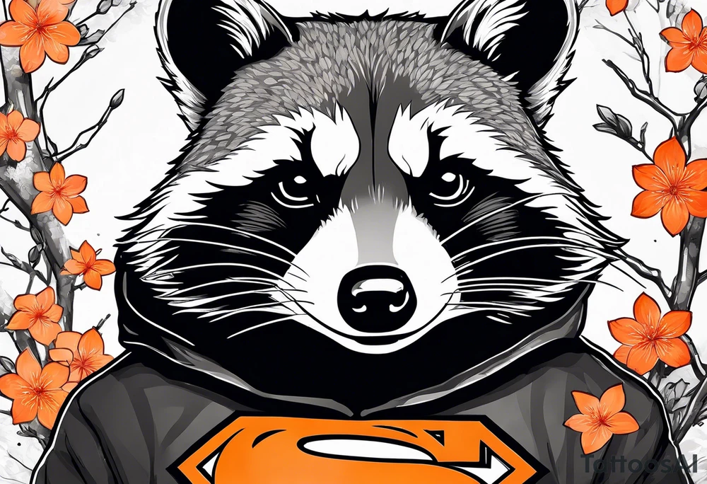Raccoon wearing a white Superman logo on a black hoodie and orange Japanese cherry blossoms beside tattoo idea