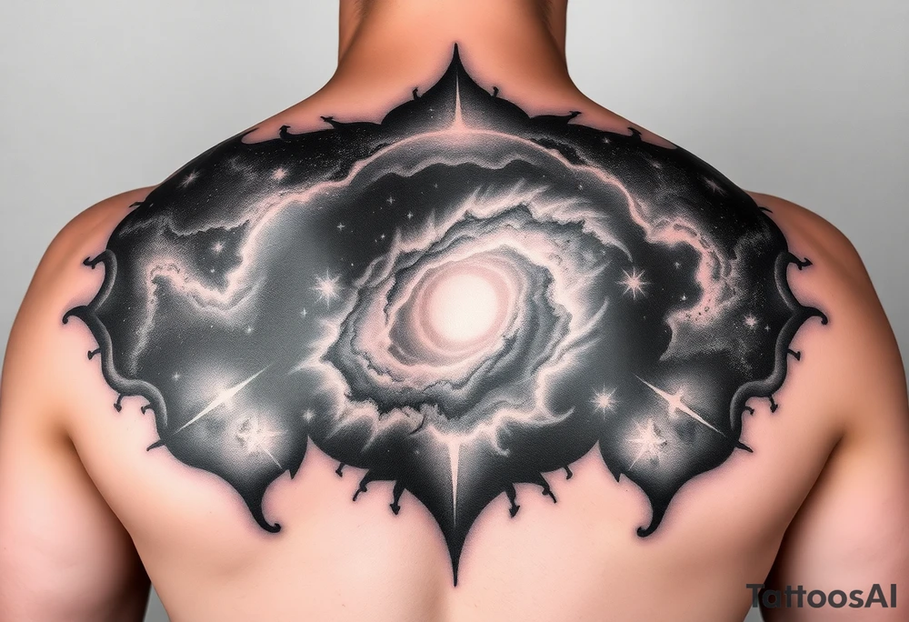 cover up tattoo of the galaxy that covers the upper portion of the back that is hyper realistic tattoo idea