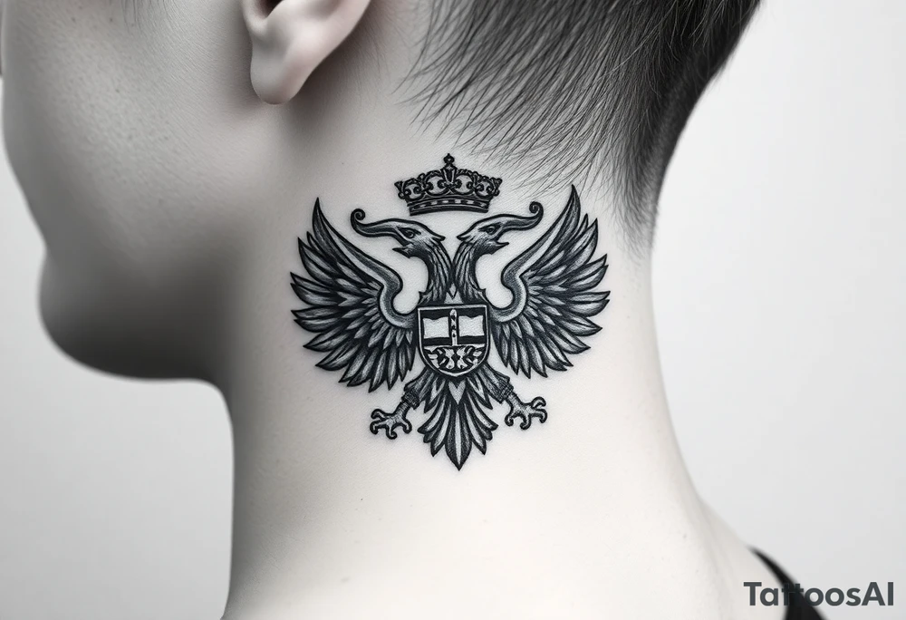 St. George, 3 russian imperial crowns above the Russian coat of arms double eagle and above sitting in its wingspan have a Russian sabre, Kremlin or St. Basil's Cathedral scene  on the side of my neck tattoo idea
