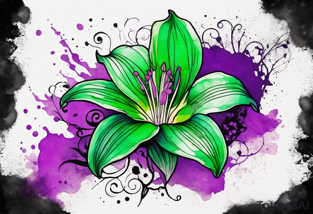 A mystical outline of a green and purple rio dipladenia flower and a green and purple watercolor splash in the background tattoo idea