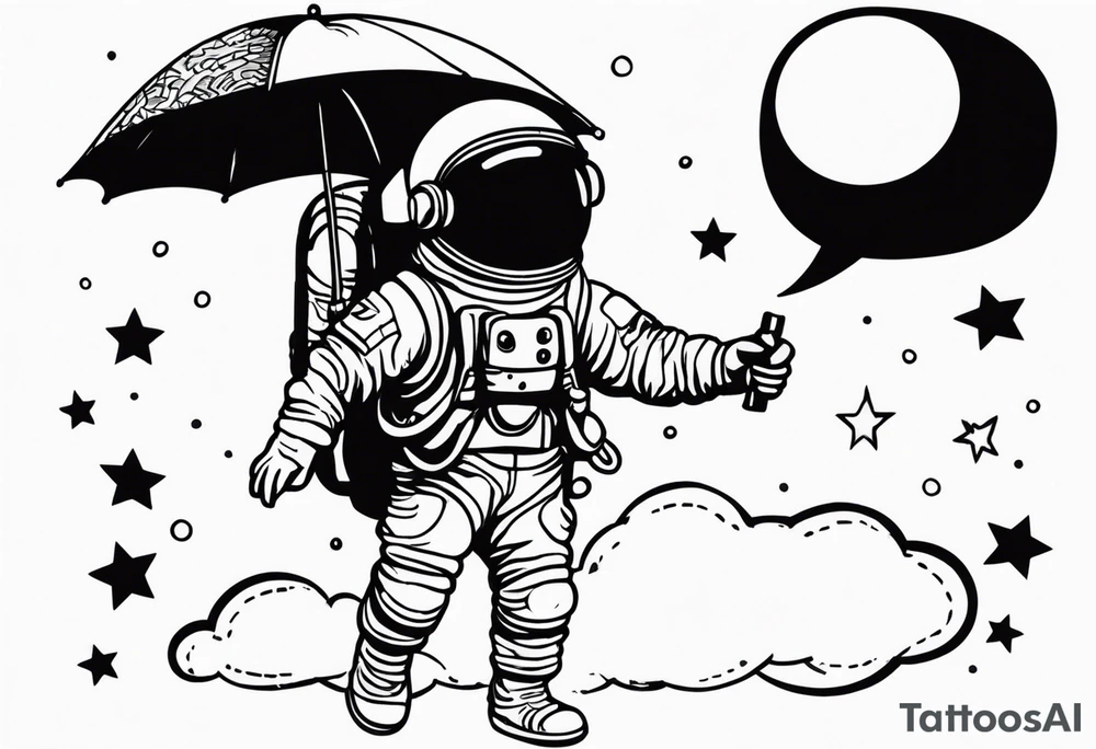 floating astronaut, with stars for eyes, holding an umbrella, with a blank speech bubble tattoo idea