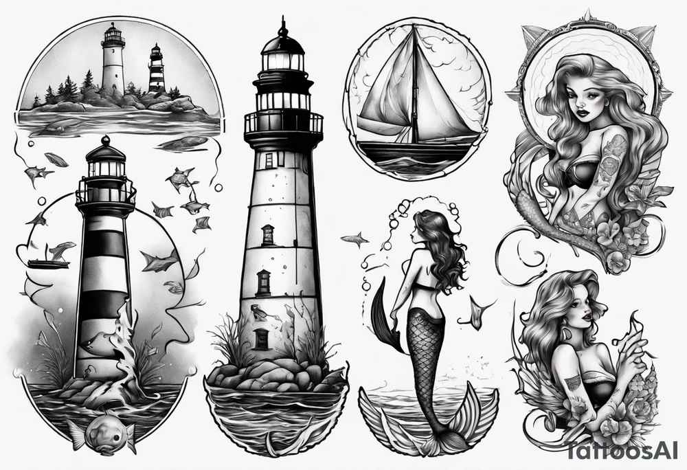 Mermaid looking at lighthouse tattoo idea