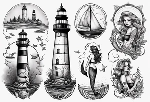 Mermaid looking at lighthouse tattoo idea