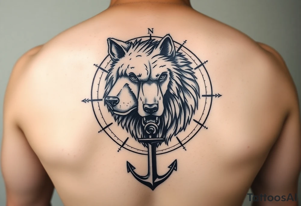 half wolf half bear that resembles a lion surrounded by a compass with a small anchor on bottom. for sleeve tattoo idea