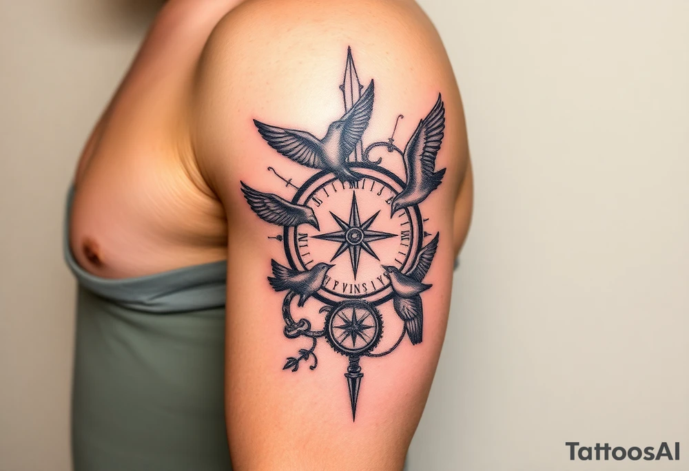 Uncharted 4 sleeve from upper elbow to shoulder including the designs of the ring, decoder, birds, map, and compass with the words sic parvis magna. tattoo idea