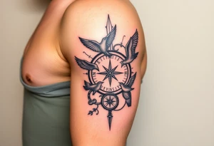 Uncharted 4 sleeve from upper elbow to shoulder including the designs of the ring, decoder, birds, map, and compass with the words sic parvis magna. tattoo idea