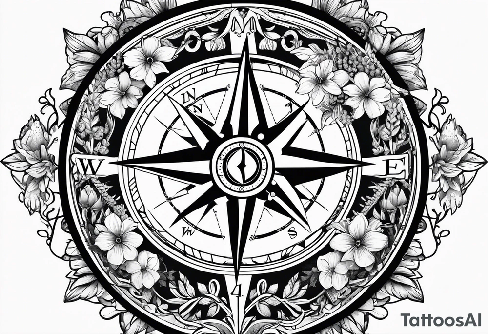 nautical compass with lupine flowers tattoo idea