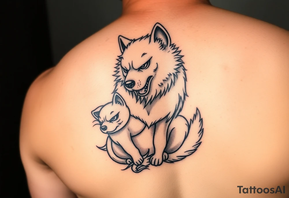 Japanese Fô dog with baby Fô dog under her paw with wind elements around tattoo idea