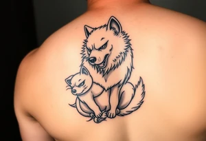 Japanese Fô dog with baby Fô dog under her paw with wind elements around tattoo idea