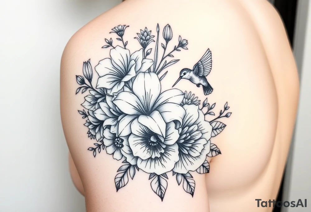 Can you create an image of a tattoo that will go on my upper arm including the following floral arrangement done very light handed and with soft lines- 1 large violet, 1 large carnation, 1 large lily of the valley, 1 large narcicuss, 1 medium carnation, 1 medium violet, 1 small dafodil, 2 small water lillies, and 1 small chrysanthemum. Add a small hummingbird drinking out of the large narcicuss. I want it on my upper right arm on the outside but slightly wrapping around the outer arm. I would like some greenery to fill in spaces as well. Make it large enough to fill my upper arm. I want the flowers to have dramatic and realistic shading. tattoo idea
