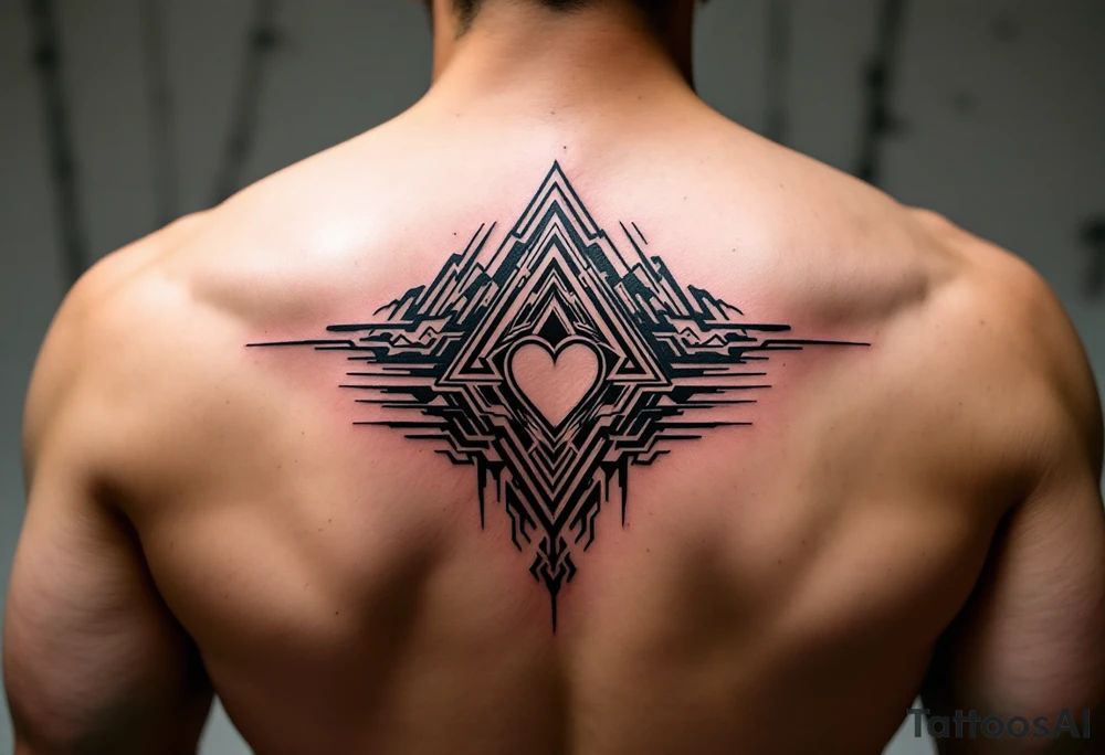 A triangle with a big heart in the cente with a mountain theme tattoo idea