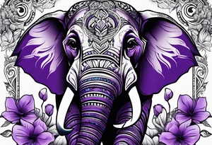 Tribal elephant surrounded by violet flowers tattoo idea