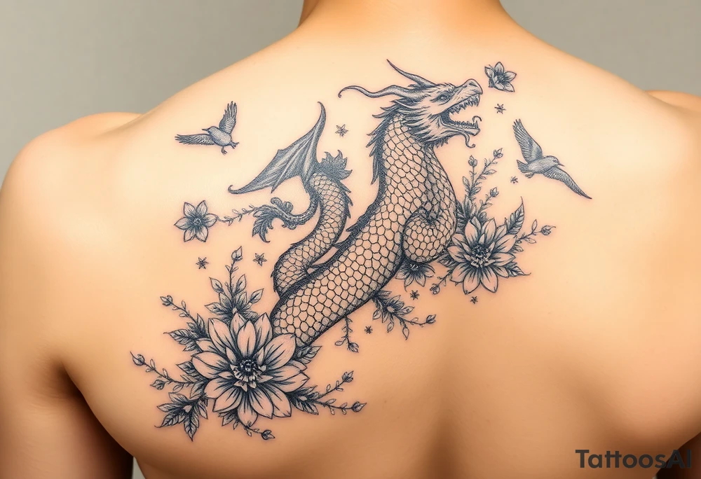 powerful majestic dragon, surrounded by floral ornaments and birds on forearm tattoo idea
