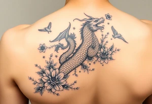 powerful majestic dragon, surrounded by floral ornaments and birds on forearm tattoo idea