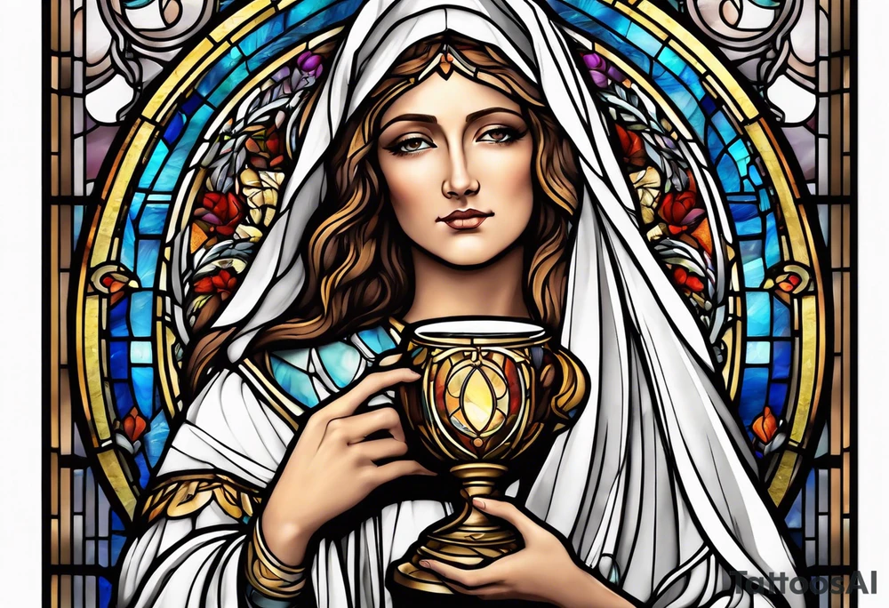 holy saint woman with halo stained glass holding a chalice tattoo idea