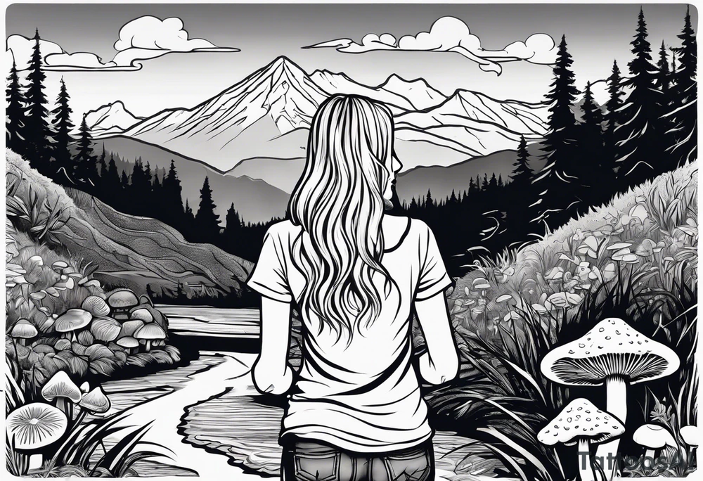 Straight long blonde hair hippie girl in distance holding mushrooms in hand facing away toward mountains and creek surrounded by mushrooms tee shirt and hiking pants tattoo idea