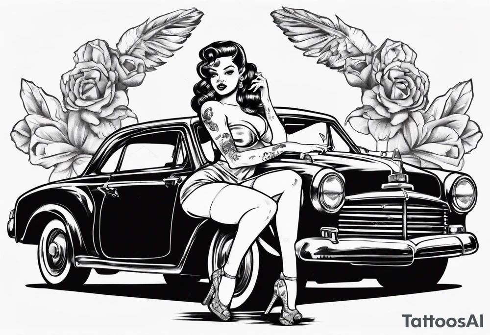 Topless pinup doll sitting on the hood of an old vintage car tattoo idea