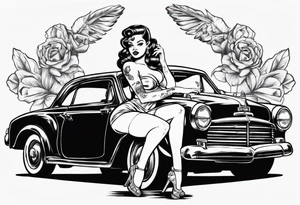 Topless pinup doll sitting on the hood of an old vintage car tattoo idea