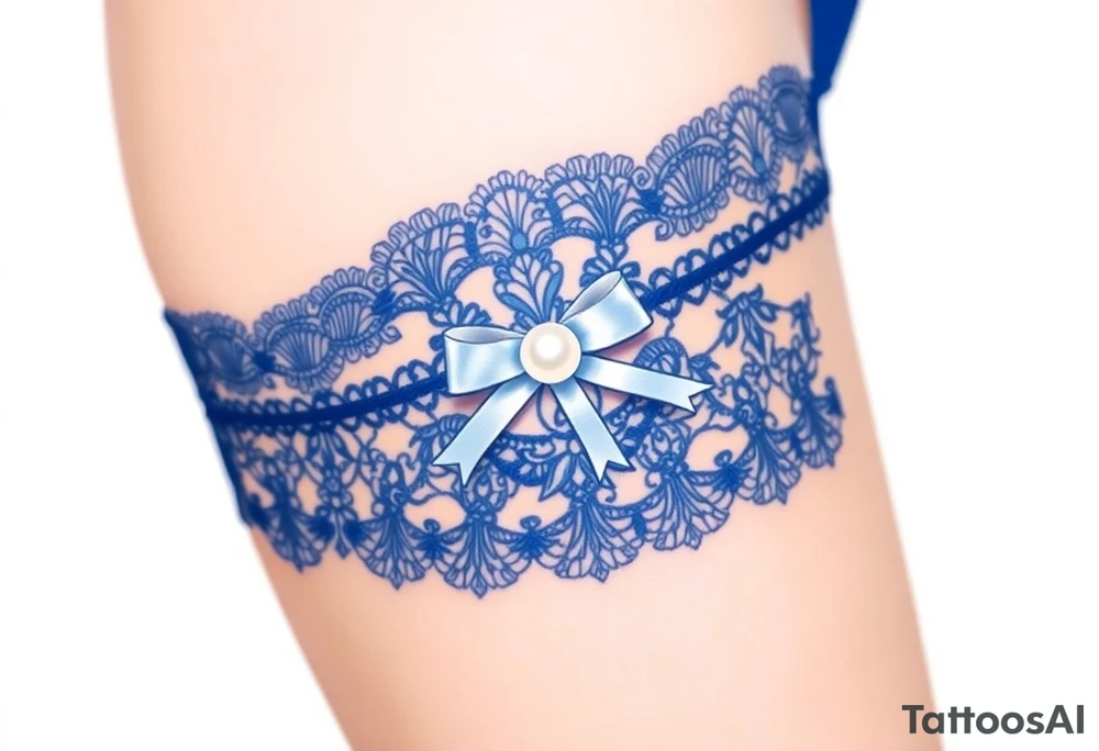 A delicate lace garter tattoo in deep royal blue, adorned with a small white satin bow and pearl centerpiece tattoo idea