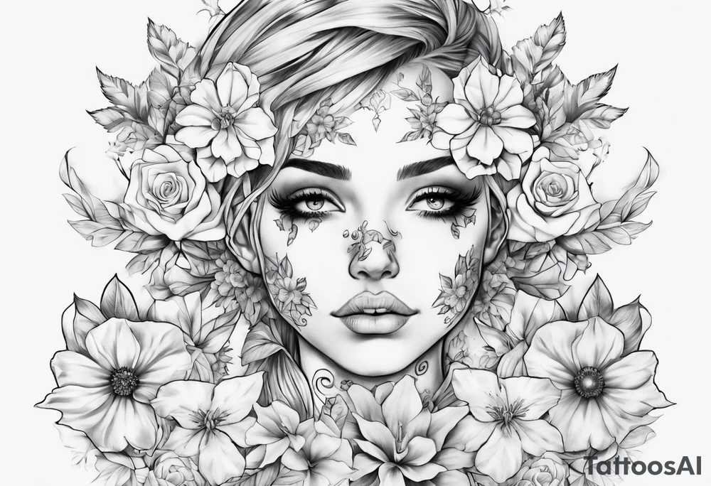 Face of elf covered in different flowers back tattoo tattoo idea