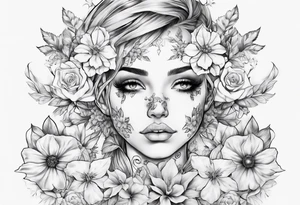 Face of elf covered in different flowers back tattoo tattoo idea