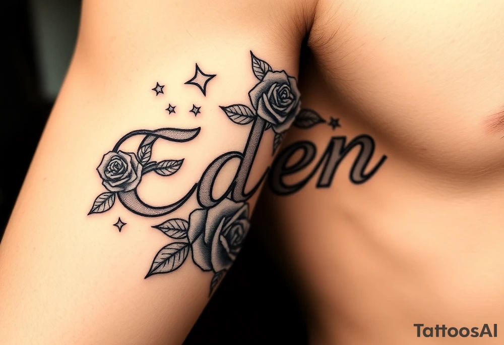 Name Eden with  roses and stars tattoo idea