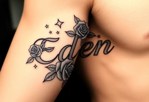 Name Eden with  roses and stars tattoo idea