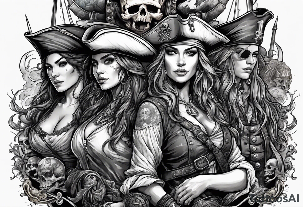 sexy female pirates with a group of skull pirates and a sea monster tattoo idea
