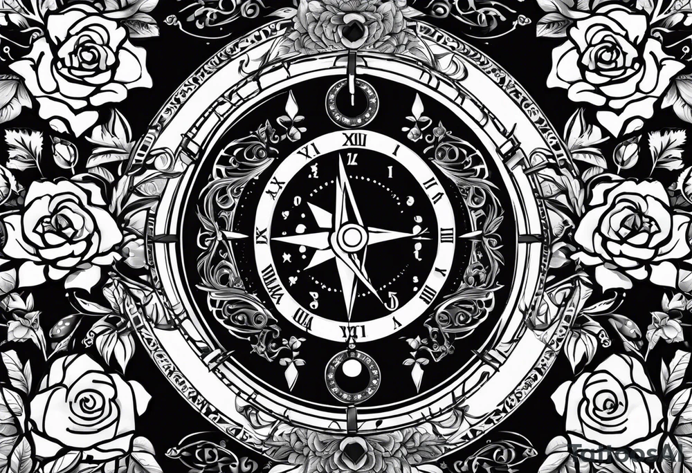 I want a design to print on t-shirts. The design is an hourglass with a wristwatch in the middle with Amazigh numbers, and this watch is surrounded by planets and Ashulk roses. tattoo idea