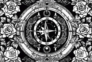 I want a design to print on t-shirts. The design is an hourglass with a wristwatch in the middle with Amazigh numbers, and this watch is surrounded by planets and Ashulk roses. tattoo idea