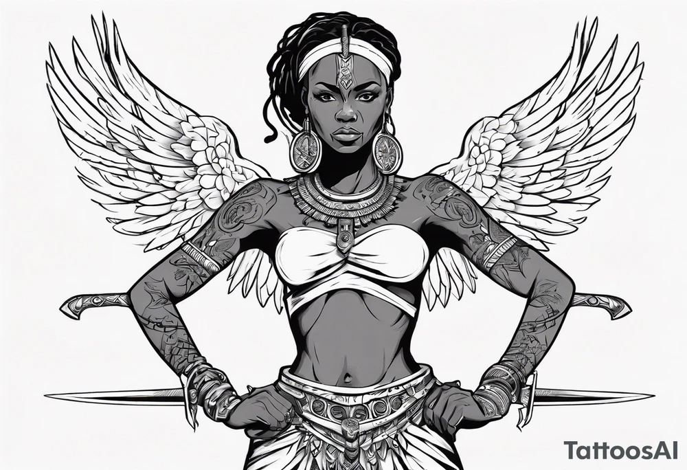 African female full body angel
slim face holding out sword in both hands tattoo idea