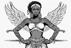 African female full body angel
slim face holding out sword in both hands tattoo idea