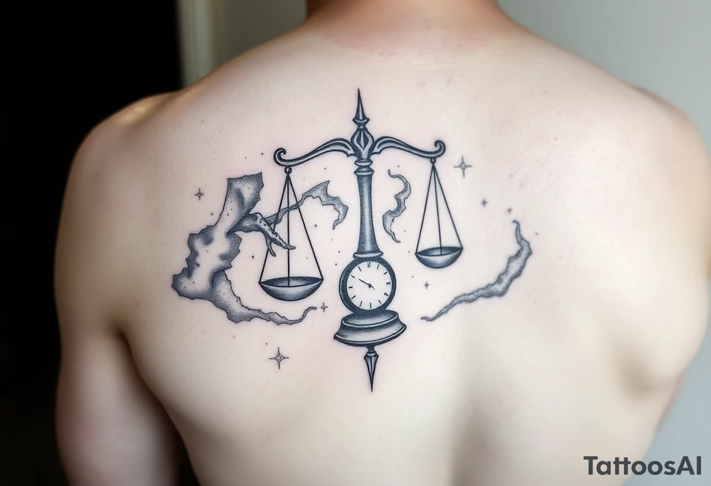 galaxy tattoo with scales weighing time tattoo idea