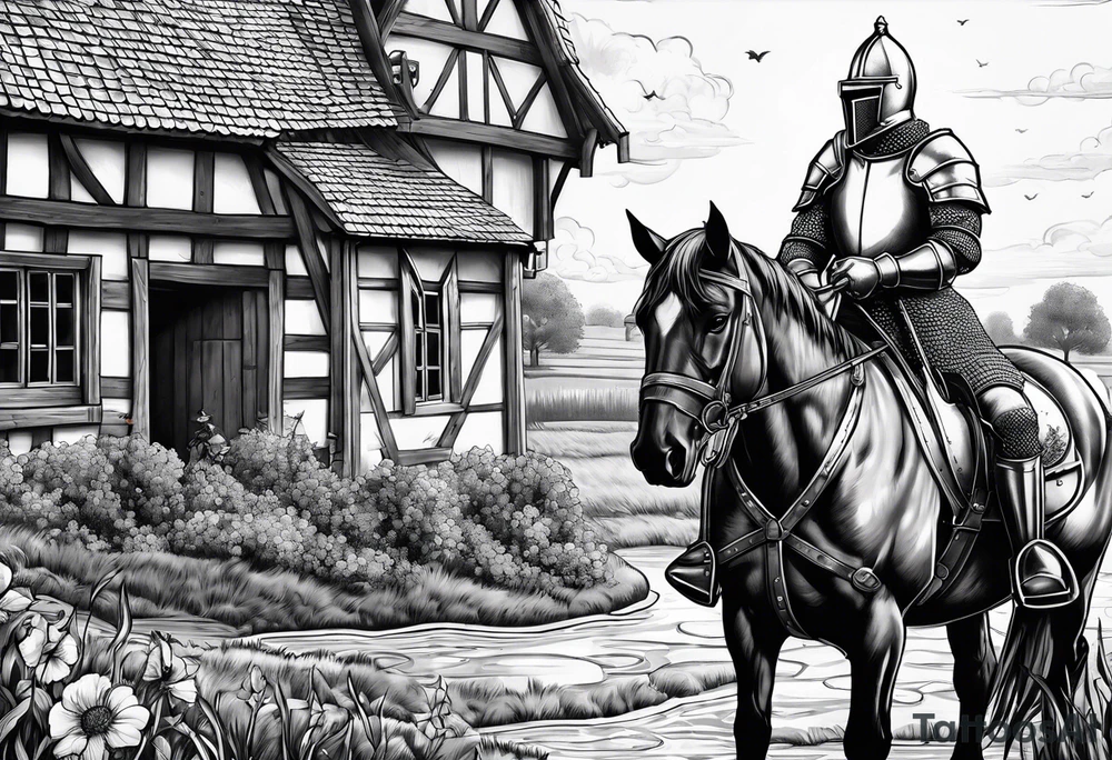 a knight kneeling with an old farm in the background and horses in the netherlands and a swimmingpool and an airfryer tattoo idea