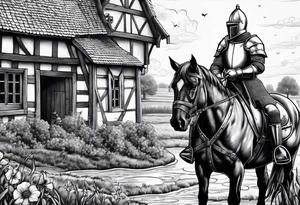a knight kneeling with an old farm in the background and horses in the netherlands and a swimmingpool and an airfryer tattoo idea