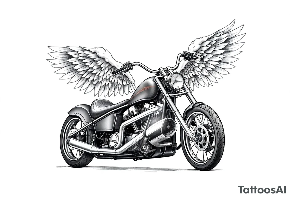 Low rider grey motorcycle, big muffler pipes with flames, angel wings, driving away, no person tattoo idea