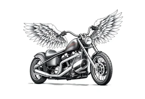 Low rider grey motorcycle, big muffler pipes with flames, angel wings, driving away, no person tattoo idea