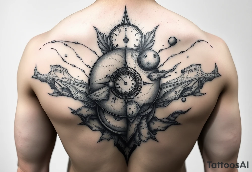 cover up tattoo inspired by the space and time that covers the upper portion of the back that is hyper realstic tattoo idea