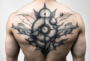 cover up tattoo inspired by the space and time that covers the upper portion of the back that is hyper realstic tattoo idea