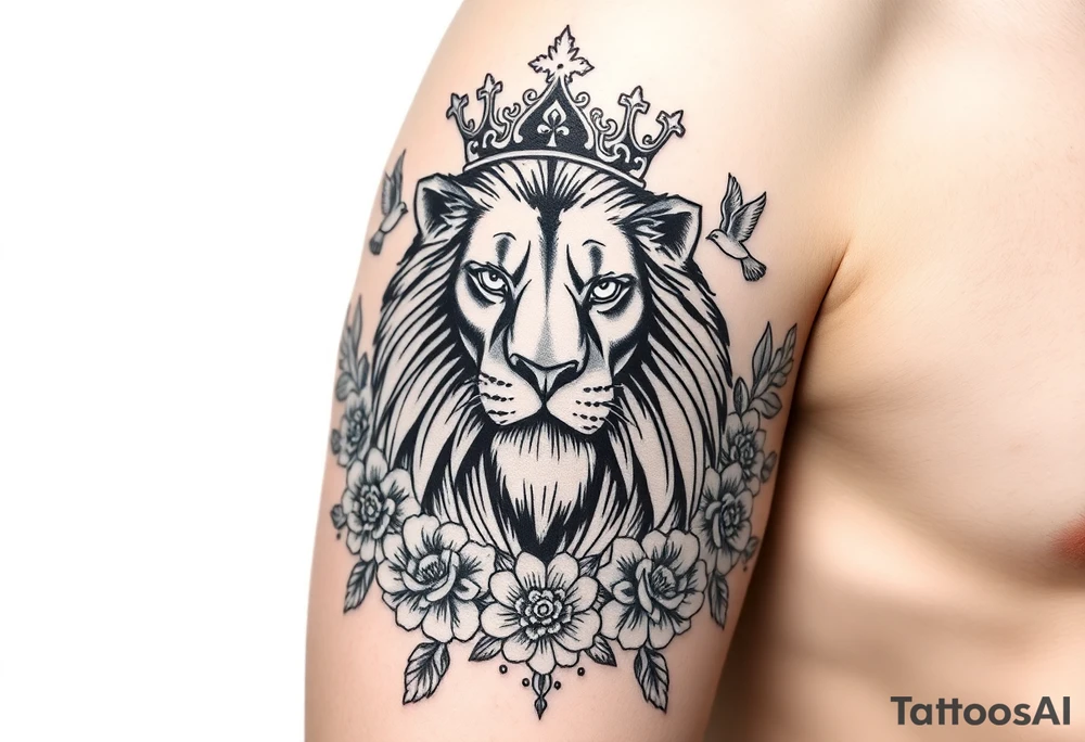 powerful majestic lion with a crown, surrounded by floral ornaments and birds tattoo idea