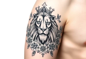 powerful majestic lion with a crown, surrounded by floral ornaments and birds tattoo idea
