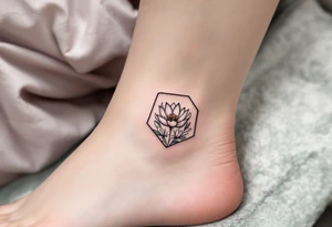 Faint Hexagon with Leo, larkspur and water lilies in the center tattoo idea